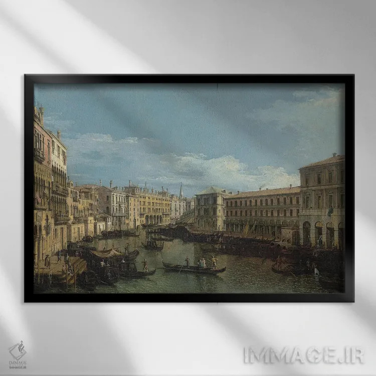 تابلو With The Rialto Bridge, C.1720-80,کانال بزرگ ونیز از کا دا موستو تا فابریکه نووه، با پل ریالتو، حدود ۱۷۲۰-۱۷۸۰ اثر کانالتو (نقاش ایتالیایی ونیزی منظره) - نمای قابدار مشکی