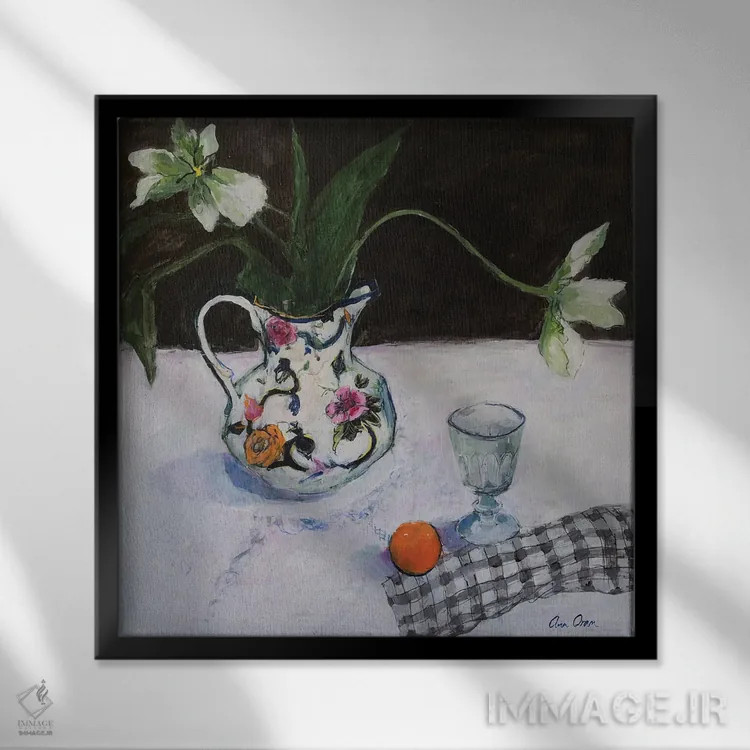 تابلو 2019,طبیعت بیجان با لاله سفید و یک لیوان، ۲۰۱۹ اثر آن اورام - نمای قابدار مشکی