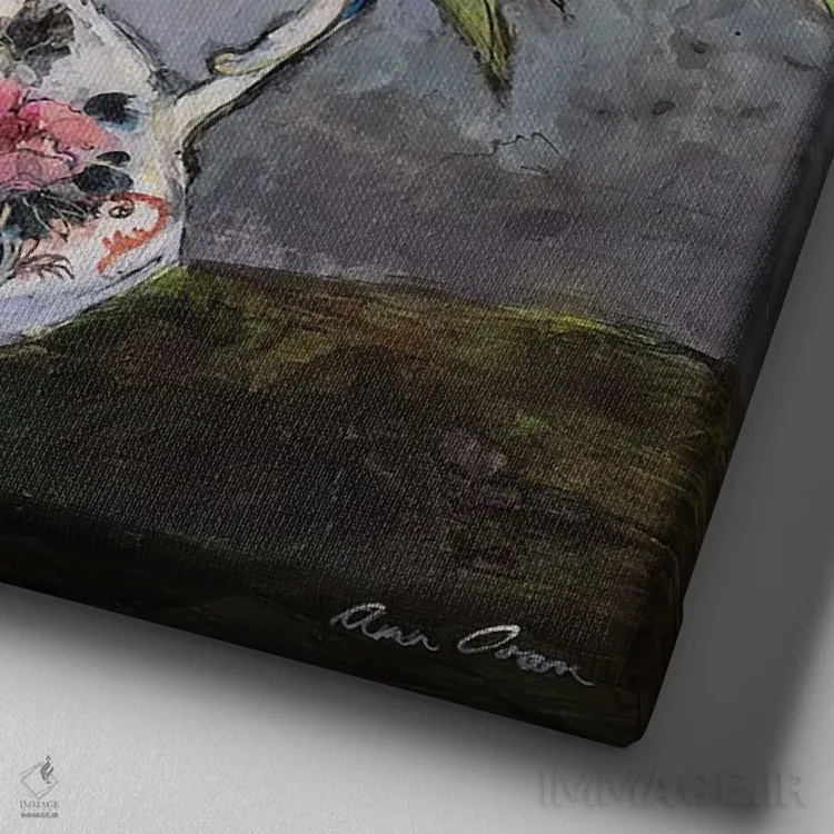 تابلو 2019,لالههای سفید در کوزهای از سنگ آهنی، ۲۰۱۹ اثر آن اورام - نمای نزدیک بافت بوم