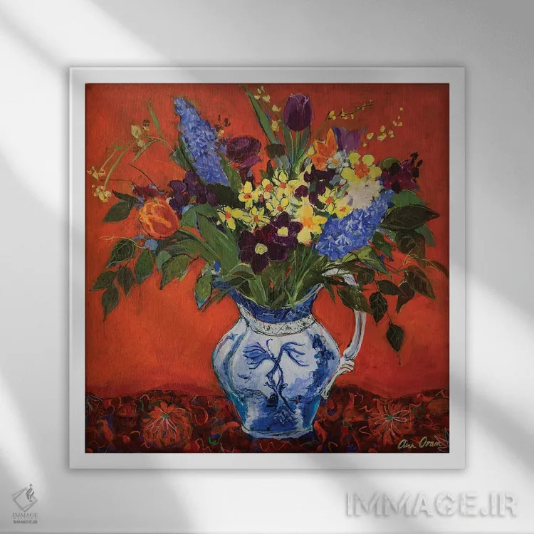 تابلو 2017,گلهای بهاری روی زمینهٔ قرمز، ۲۰۱۷ اثر آن اورام - نمای قابدار سفید