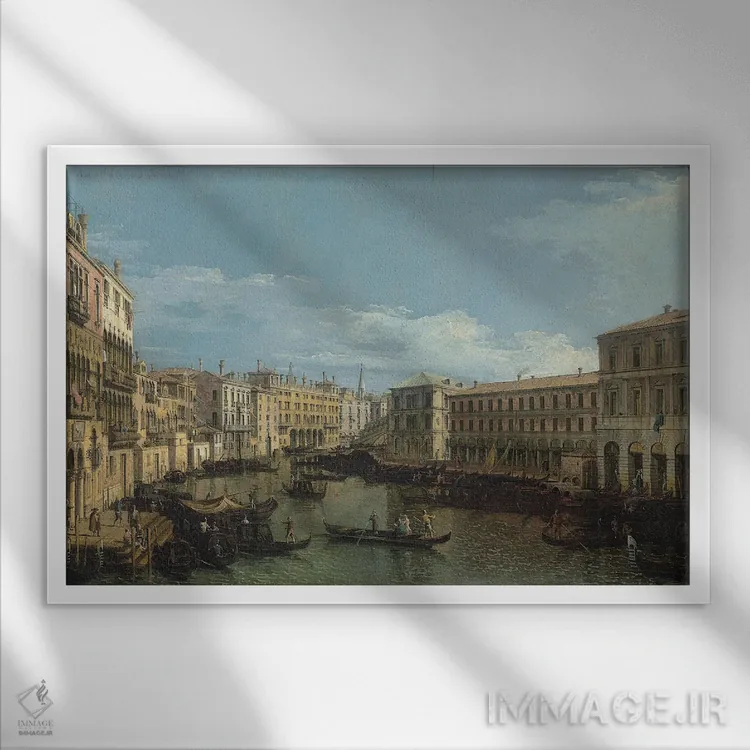 تابلو With The Rialto Bridge, C.1720-80,کانال بزرگ ونیز از کا دا موستو تا فابریکه نووه، با پل ریالتو، حدود ۱۷۲۰-۱۷۸۰ اثر کانالتو (نقاش ایتالیایی ونیزی منظره) - نمای قابدار سفید