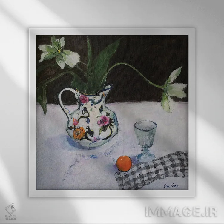 تابلو 2019,طبیعت بیجان با لاله سفید و یک لیوان، ۲۰۱۹ اثر آن اورام - نمای قابدار سفید