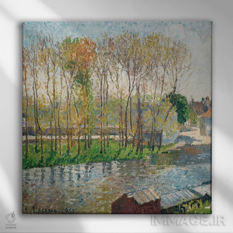 تابلو 1901,مرز رود لوئن در مورِه، ۱۹۰۱ اثر کامی یِل پیسارو (نقاش فرانسوی امپرسیونیست) - نمای روبهرو روی دیوار