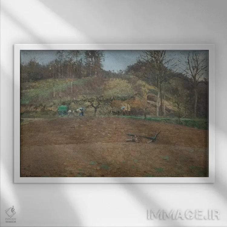تابلو 1874,زمین شخمزده، ۱۸۷۴ اثر کامی یِل پیسارو (نقاش فرانسوی امپرسیونیست) - نمای قابدار سفید