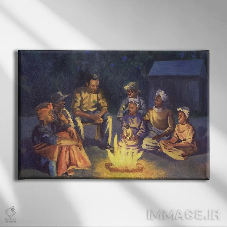 تابلو داستانهای دور آتش، ۲۰۰۳ اثر کالین بوتمن - نمای روبهرو روی دیوار