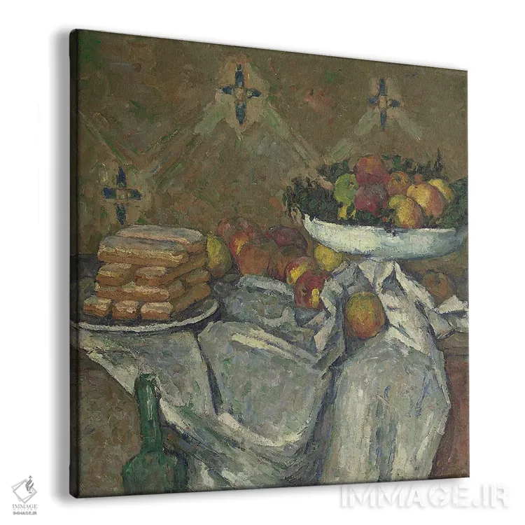 تابلو میوهخوری و بشقاب بیسکویت، حدود ۱۸۷۷ اثر پل سزان - نمای پرسپکتیو محصول