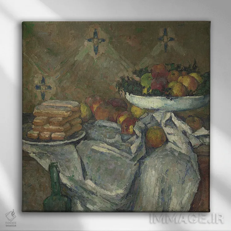تابلو میوهخوری و بشقاب بیسکویت، حدود ۱۸۷۷ اثر پل سزان - نمای روبهرو روی دیوار