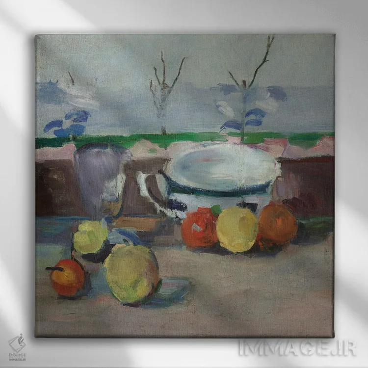 تابلو فنجان، لیوان و میوهها، شماره ۳، حدود ۱۸۷۷ اثر پل سزان - نمای روبهرو روی دیوار