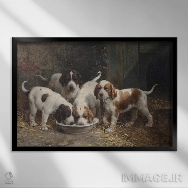 تابلو تولهسگهای سنت برنارد در حال شیر خوردن اثر اتو ارلمان - نمای قابدار مشکی