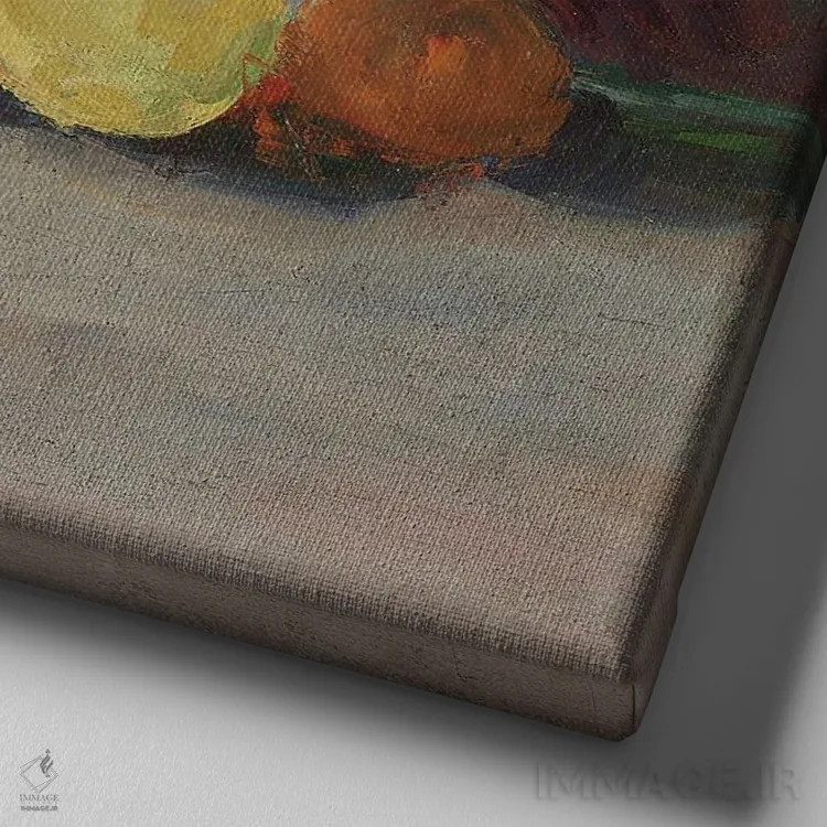 تابلو فنجان، لیوان و میوهها، شماره ۳، حدود ۱۸۷۷ اثر پل سزان - نمای نزدیک بافت بوم