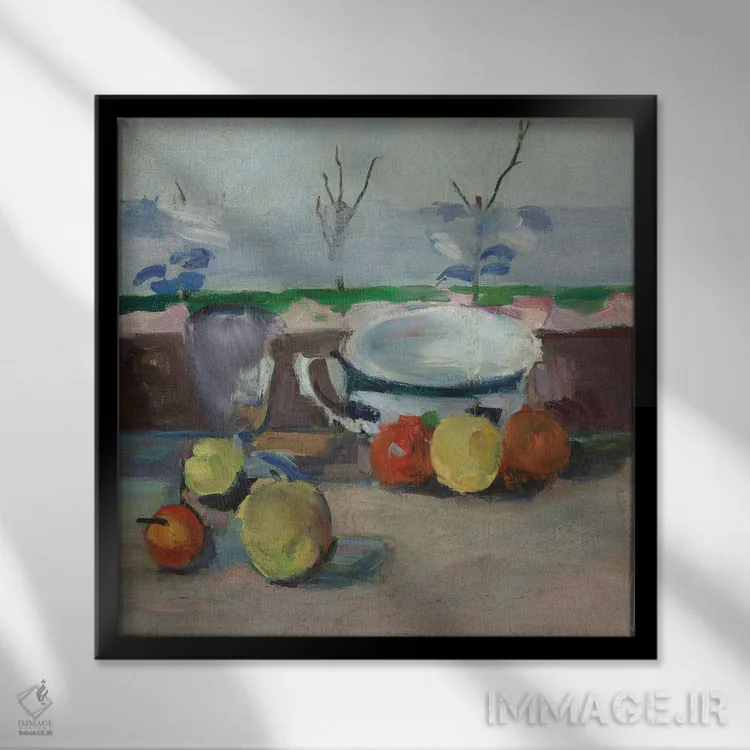 تابلو فنجان، لیوان و میوهها، شماره ۳، حدود ۱۸۷۷ اثر پل سزان - نمای قابدار مشکی