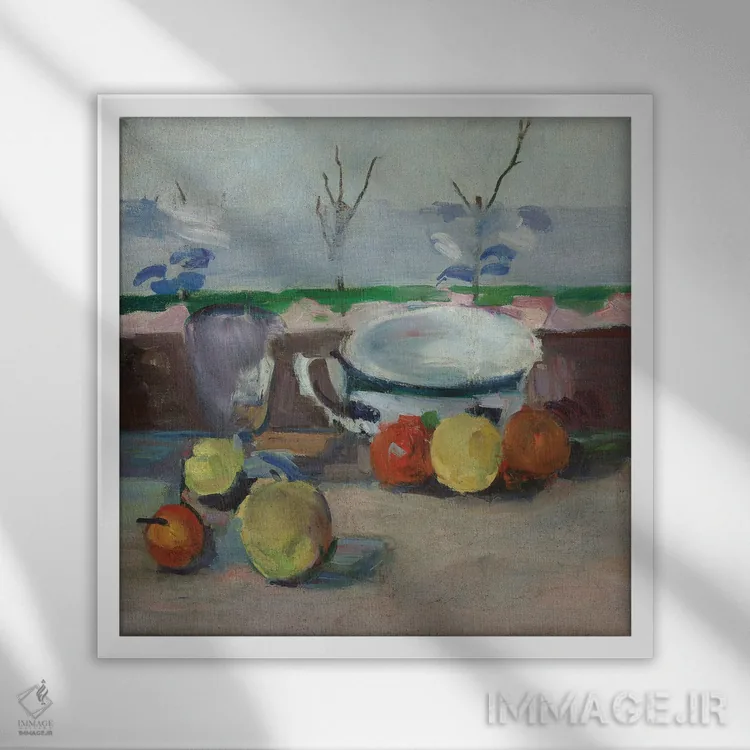 تابلو فنجان، لیوان و میوهها، شماره ۳، حدود ۱۸۷۷ اثر پل سزان - نمای قابدار سفید