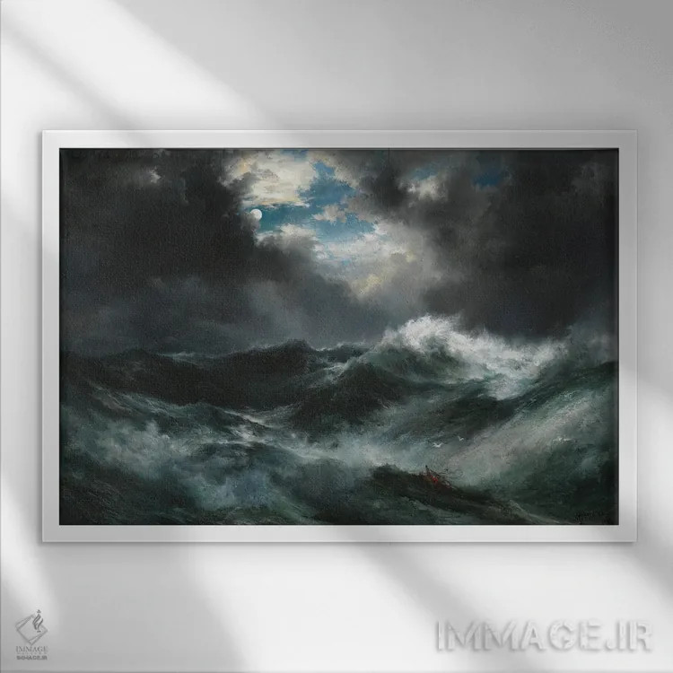 تابلو کشتیشکسته زیر نور ماه در دریا، ۱۹۰۱ اثر توماس موران (نقاش منظره آمریکایی) - نمای قابدار سفید