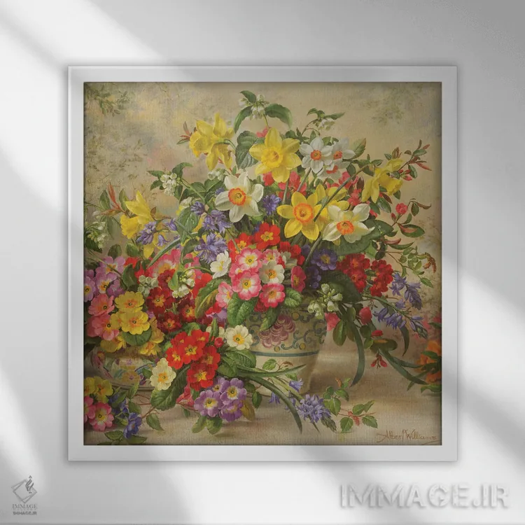 تابلو گلهای بهاری و سفالگری پول، شماره ۲ اثر آلبرت ویلیامز - نمای قابدار سفید