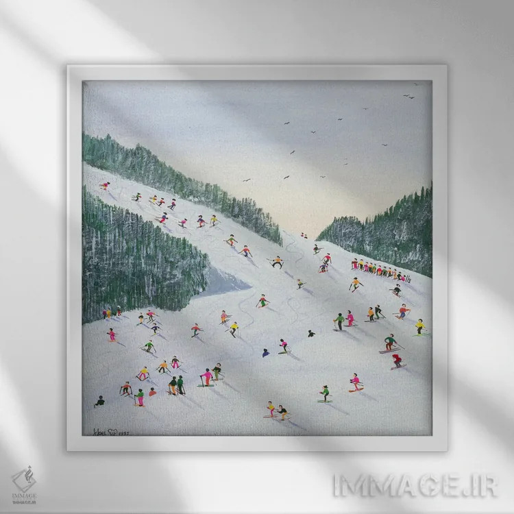 تابلو اسکی در غروب، ۱۹۹۵ اثر جودی جوئل - نمای قابدار سفید