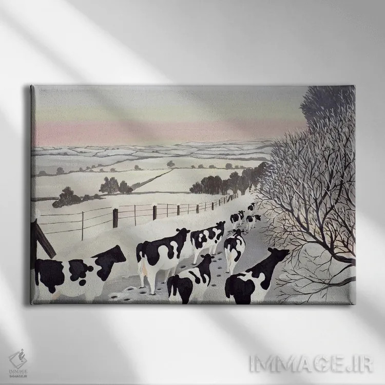 تابلو گاوهای فریزین در زمستان (نژاد گاو) اثر مگی رو - نمای روبهرو روی دیوار