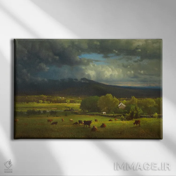 تابلو غروب خورشید بر رودخانه اثر جورج اینس پدر (نقاش چشمانداز آمریکایی) - نمای روبهرو روی دیوار