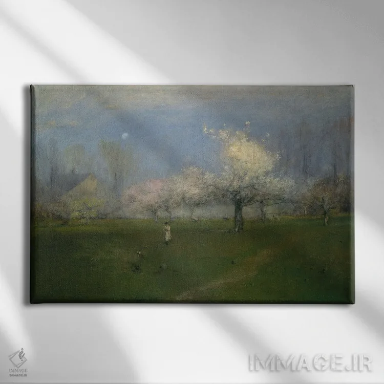 تابلو شکوفههای بهاری، مانتکلر، نیوجرسی اثر جورج اینس پدر (نقاش چشمانداز آمریکایی) - نمای روبهرو روی دیوار