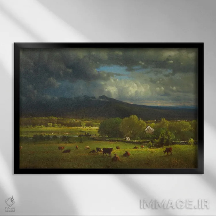 تابلو غروب خورشید بر رودخانه اثر جورج اینس پدر (نقاش چشمانداز آمریکایی) - نمای قابدار مشکی