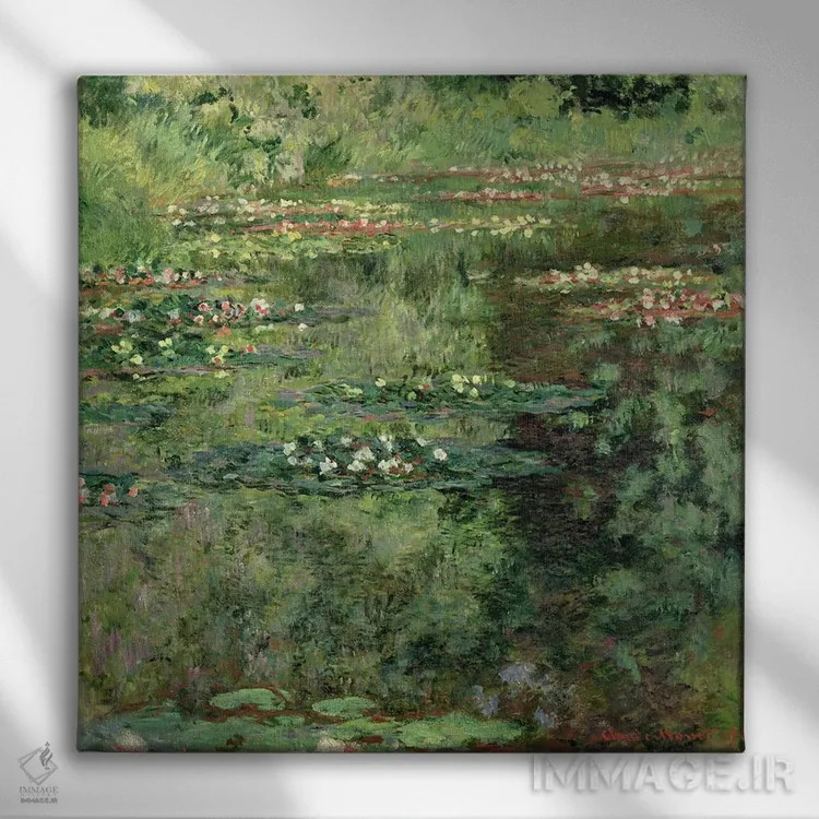 تابلو حوضچهٔ نیلوفر آبی، ۱۹۰۴ اثر کلود مونه (نقاش معروف فرانسوی) - نمای روبهرو روی دیوار