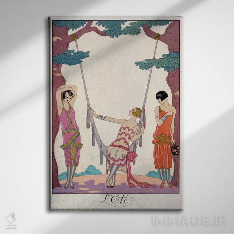 تابلو تابستان، از نشریه "گازت دو بون تون"، ۱۹۲۵ اثر جورج باربیه (طراح و تصویرگر فرانسوی) - نمای روبهرو روی دیوار