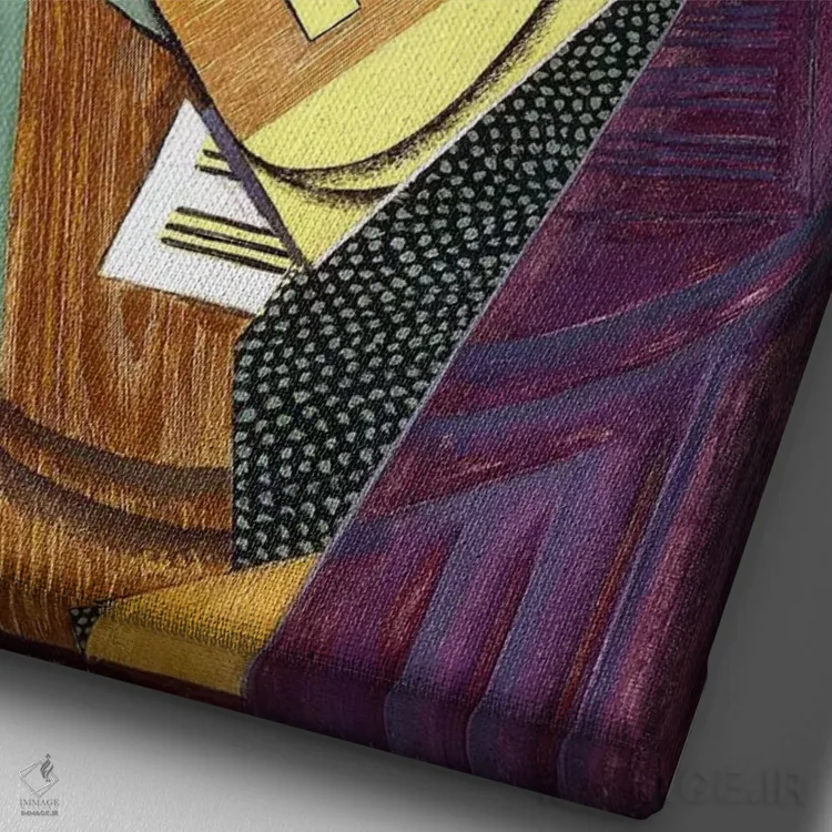 تابلو گیتار روی میز؛ گیتار سور اونه تابل، ۱۹۱۶ (نقاشی روغن روی بوم) اثر خوان گрис (نقاش کوبیست اسپانیایی) - نمای نزدیک بافت بوم