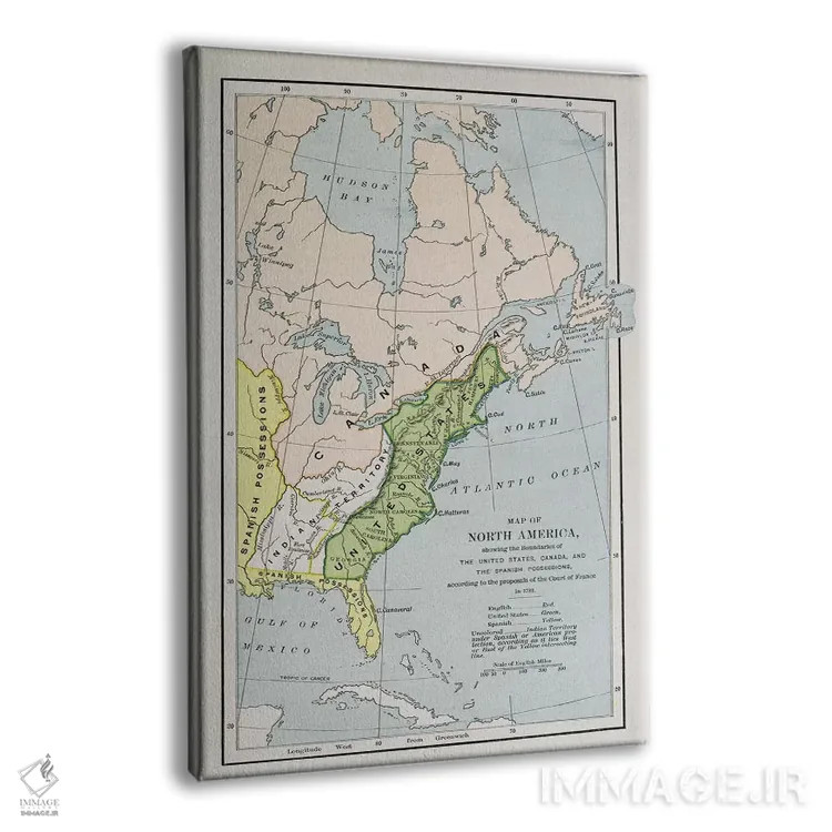تابلو نقشهٔ آمریکای شمالی با مرزهای مالکیت، از "تاریخ روایی و انتقادی آمریکا" اثر مکتب انگلیسی (سبک یا جنبش هنری) - نمای پرسپکتیو محصول