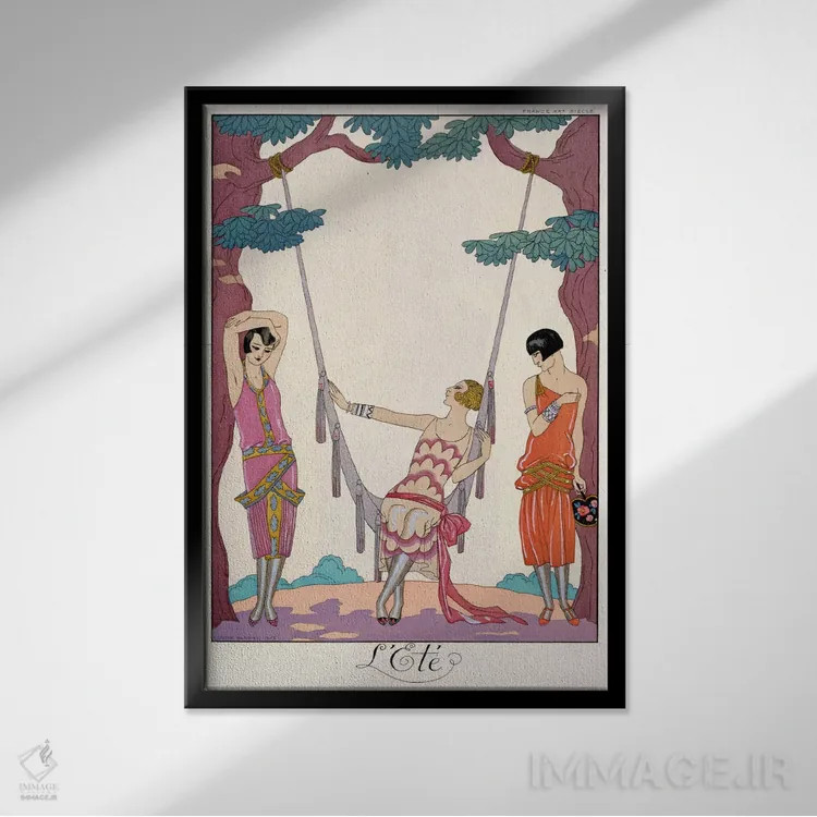 تابلو تابستان، از نشریه "گازت دو بون تون"، ۱۹۲۵ اثر جورج باربیه (طراح و تصویرگر فرانسوی) - نمای قابدار مشکی