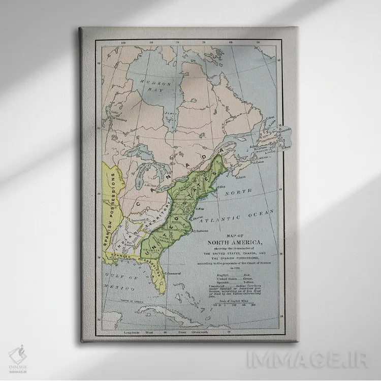 تابلو نقشهٔ آمریکای شمالی با مرزهای مالکیت، از "تاریخ روایی و انتقادی آمریکا" اثر مکتب انگلیسی (سبک یا جنبش هنری) - نمای روبهرو روی دیوار