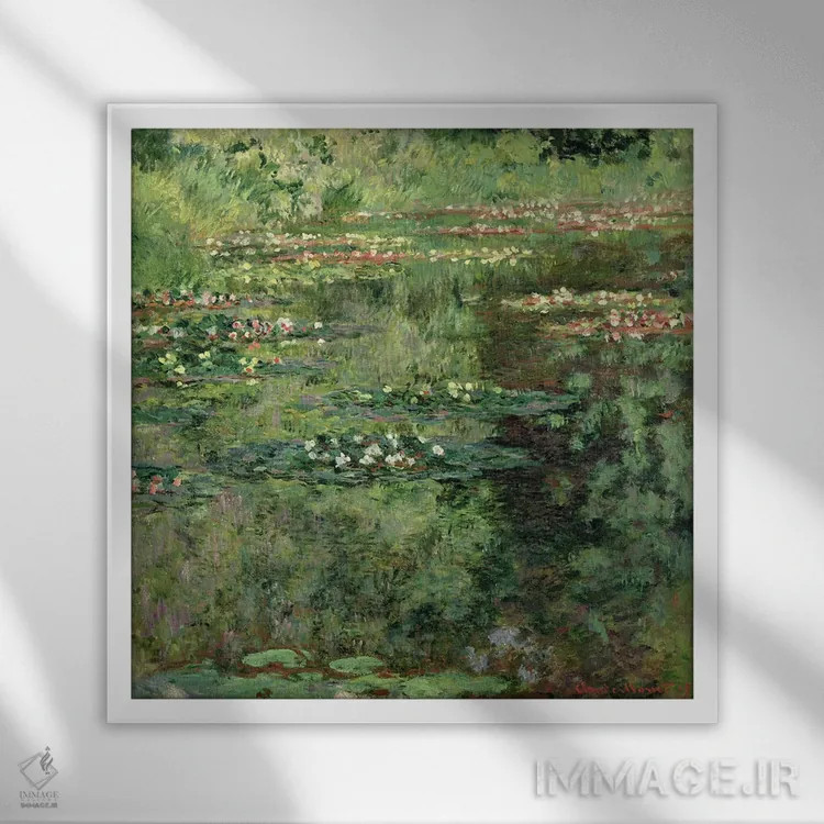 تابلو حوضچهٔ نیلوفر آبی، ۱۹۰۴ اثر کلود مونه (نقاش معروف فرانسوی) - نمای قابدار سفید