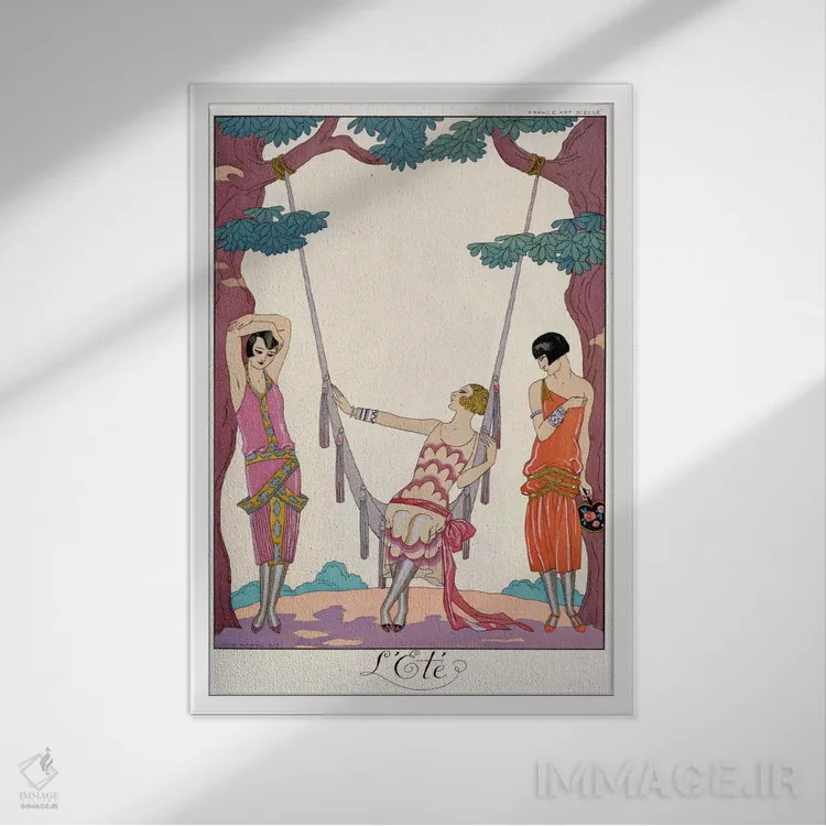 تابلو تابستان، از نشریه "گازت دو بون تون"، ۱۹۲۵ اثر جورج باربیه (طراح و تصویرگر فرانسوی) - نمای قابدار سفید