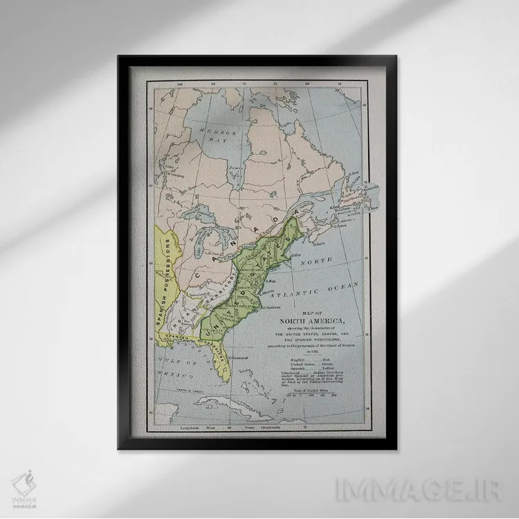 تابلو نقشهٔ آمریکای شمالی با مرزهای مالکیت، از "تاریخ روایی و انتقادی آمریکا" اثر مکتب انگلیسی (سبک یا جنبش هنری) - نمای قابدار مشکی