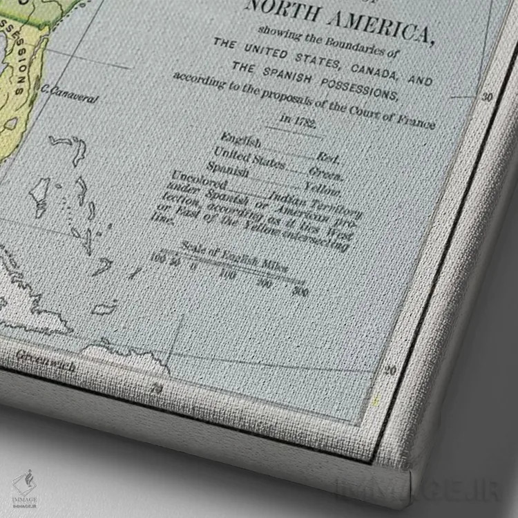 تابلو نقشهٔ آمریکای شمالی با مرزهای مالکیت، از "تاریخ روایی و انتقادی آمریکا" اثر مکتب انگلیسی (سبک یا جنبش هنری) - نمای نزدیک بافت بوم