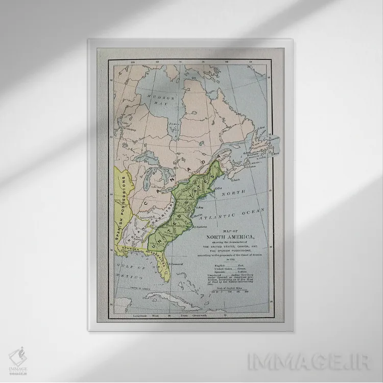 تابلو نقشهٔ آمریکای شمالی با مرزهای مالکیت، از "تاریخ روایی و انتقادی آمریکا" اثر مکتب انگلیسی (سبک یا جنبش هنری) - نمای قابدار سفید