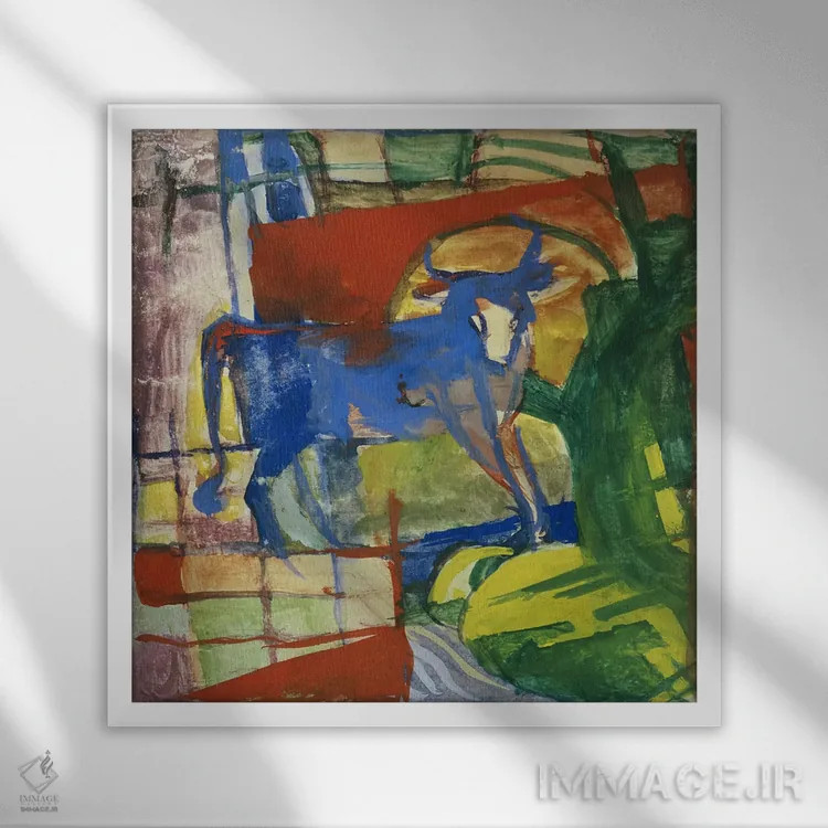 تابلو گاو آبی، ۱۹۱۴ اثر فرانتس مارک (نقاش اکسپرسیونیست آلمانی) - نمای قابدار سفید