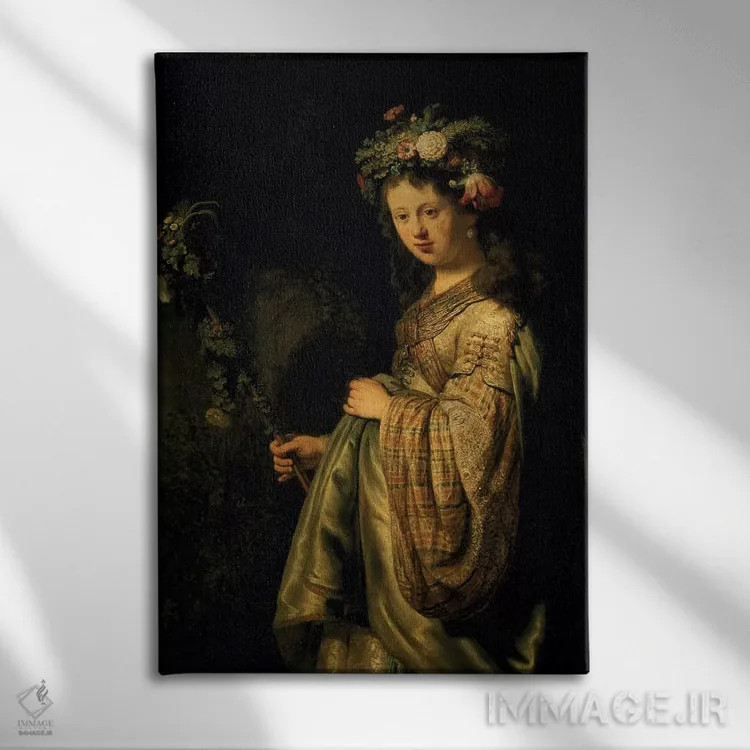 تابلو ساسکیا به عنوان فلورا، ۱۶۳۴ اثر رمبرانت فان رَین (نقاش بزرگ هلندی) - نمای روبهرو روی دیوار