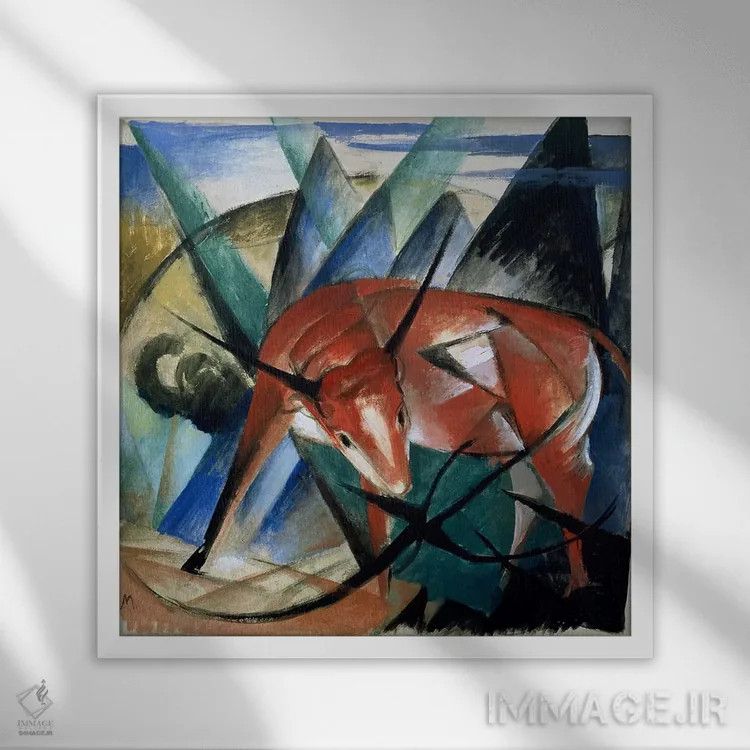 تابلو گاو قرمز اثر فرانتس مارک (نقاش اکسپرسیونیست آلمانی) - نمای قابدار سفید