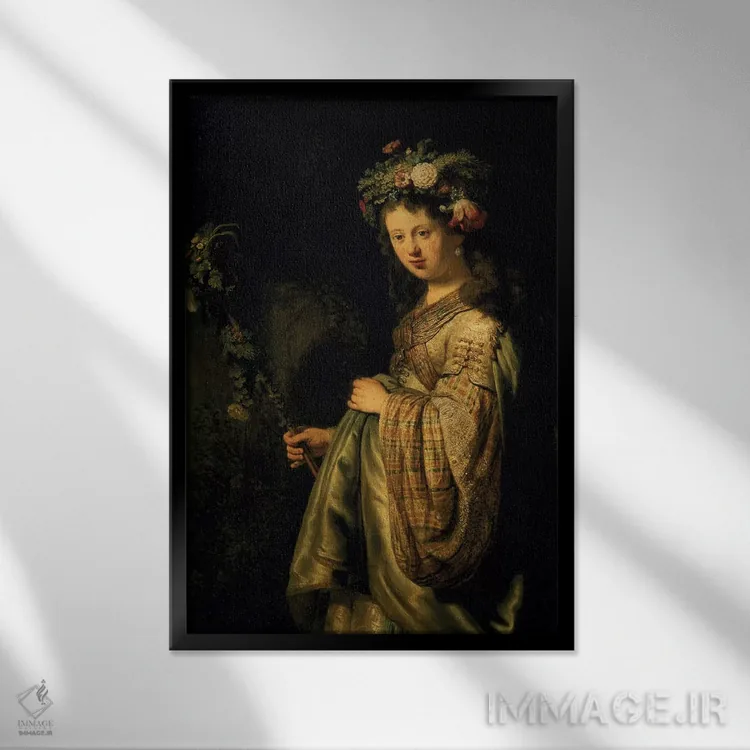 تابلو ساسکیا به عنوان فلورا، ۱۶۳۴ اثر رمبرانت فان رَین (نقاش بزرگ هلندی) - نمای قابدار مشکی