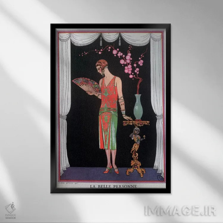 تابلو لباس شب وورث، صفحه مد از مجموعه "گازت دو بون تون"، ۱۹۲۵ (چاپ سنگی) اثر جورج باربیه (طراح و تصویرگر فرانسوی) - نمای قابدار مشکی