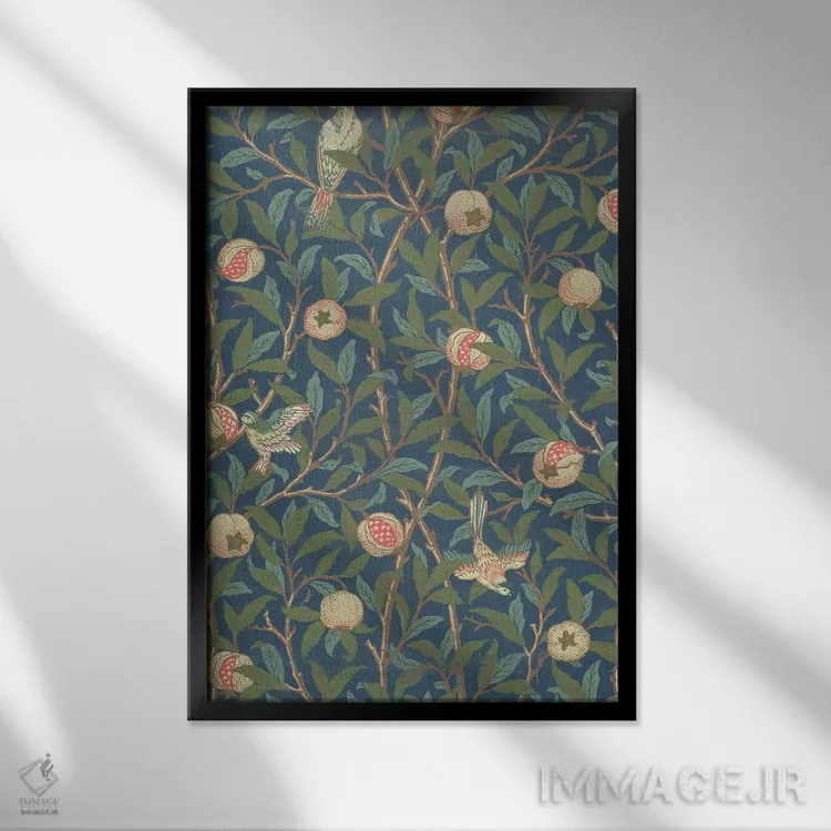 تابلو طرح کاغذ دیواری "پرنده و انار"، چاپ جان هنری دیرل اثر ویلیام موریس (طراح و هنرمند بریتانیایی) - نمای قابدار مشکی