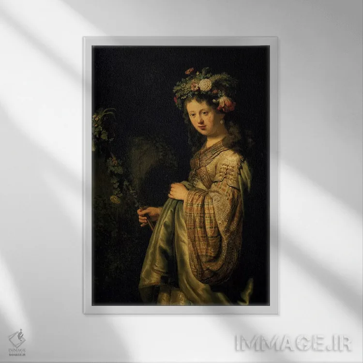 تابلو ساسکیا به عنوان فلورا، ۱۶۳۴ اثر رمبرانت فان رَین (نقاش بزرگ هلندی) - نمای قابدار سفید