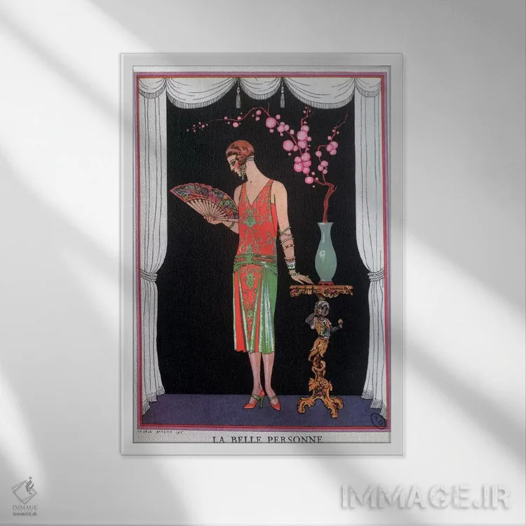 تابلو لباس شب وورث، صفحه مد از مجموعه "گازت دو بون تون"، ۱۹۲۵ (چاپ سنگی) اثر جورج باربیه (طراح و تصویرگر فرانسوی) - نمای قابدار سفید