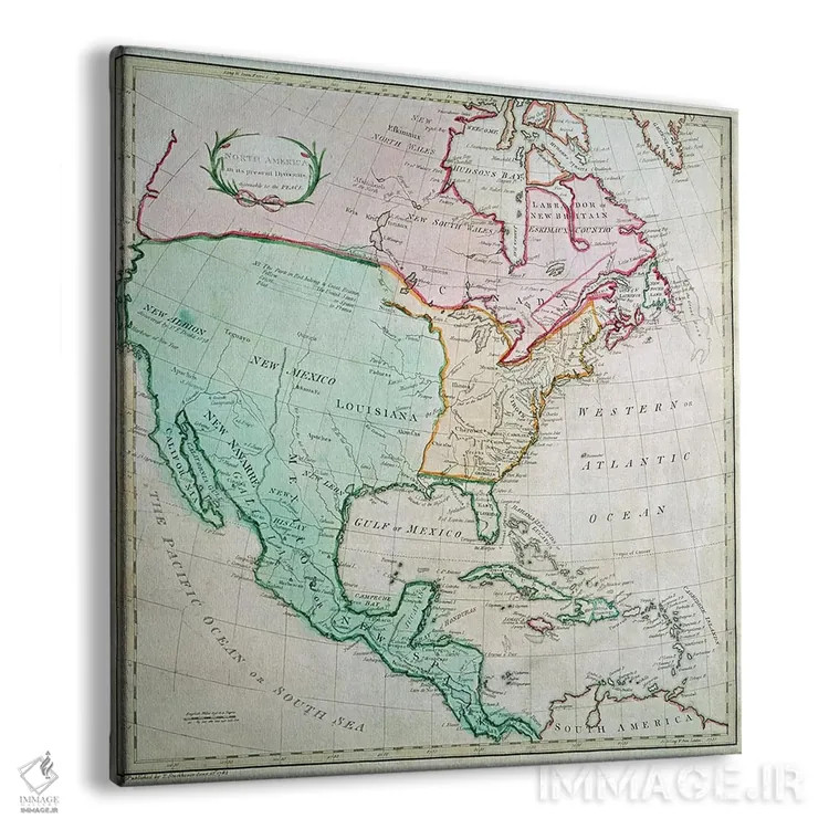 تابلو نقشه آمریکای شمالی، منتشرشده توسط تی. استکهوس، ۱۷۸۳ اثر مکتب انگلیسی (سبک یا جنبش هنری) - نمای پرسپکتیو محصول