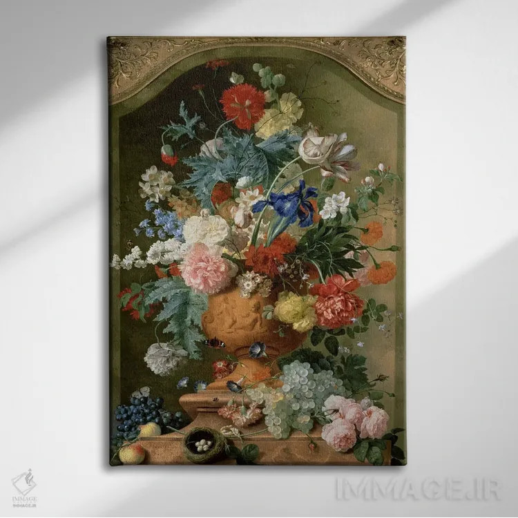 تابلو گلها در گلدان سفالی، ۱۷۳۶ اثر یان فان هویسوم - نمای روبهرو روی دیوار