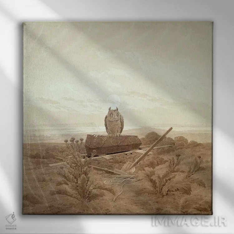 تابلو منظره با آرامگاه، تابوت و جغد اثر کاسپار داوید فریدریش (نقاش رمانتیک آلمانی) - نمای روبهرو روی دیوار