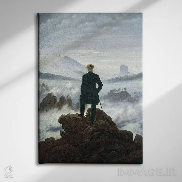 تابلو سرگردان بالای دریای مه، ۱۸۱۸ اثر کاسپار داوید فریدریش (نقاش رمانتیک آلمانی) - نمای روبهرو روی دیوار