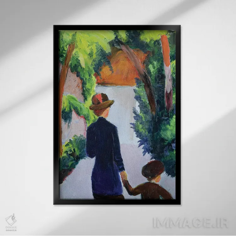 تابلو مادر و کودک در پارک، ۱۹۱۴ اثر آگوست ماکه (نقاش اکسپرسیونیست آلمانی) - نمای قابدار مشکی