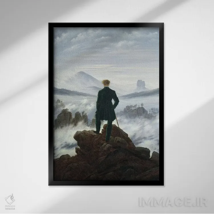 تابلو سرگردان بالای دریای مه، ۱۸۱۸ اثر کاسپار داوید فریدریش (نقاش رمانتیک آلمانی) - نمای قابدار مشکی