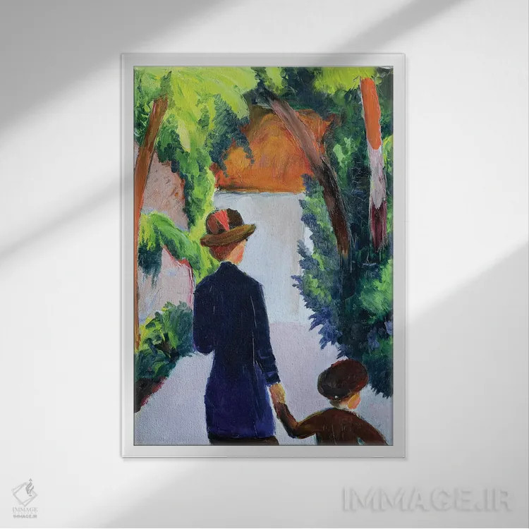 تابلو مادر و کودک در پارک، ۱۹۱۴ اثر آگوست ماکه (نقاش اکسپرسیونیست آلمانی) - نمای قابدار سفید