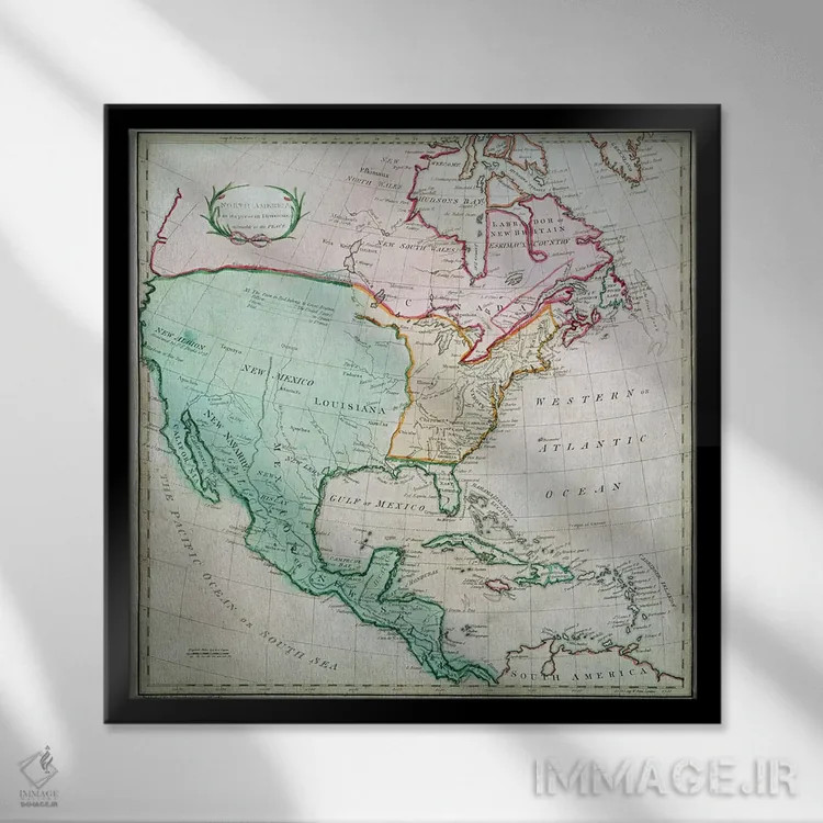 تابلو نقشه آمریکای شمالی، منتشرشده توسط تی. استکهوس، ۱۷۸۳ اثر مکتب انگلیسی (سبک یا جنبش هنری) - نمای قابدار مشکی